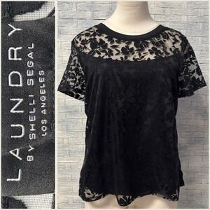 Laundry by Shelli Segal Black Floral Lace Overlay Top XL Whimsigoth Retro